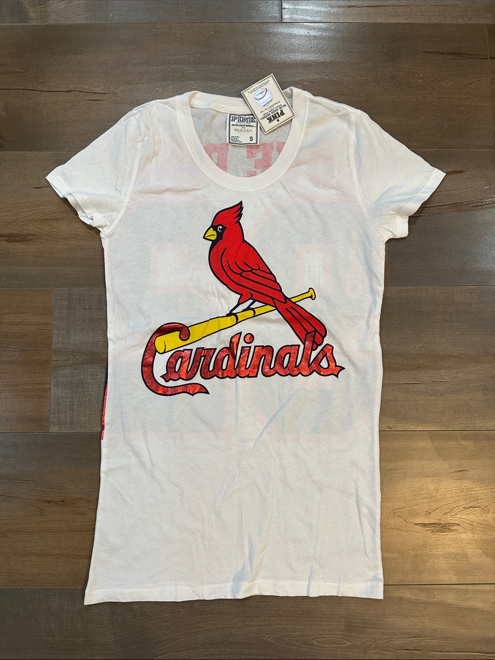 PINK Victoria's Secret White Tee with Red Cardinal Graphic